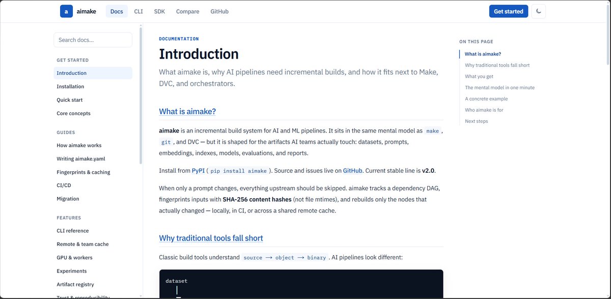 Arjun4Shukla's tweet photo. AI pipelines shouldn't rerun everything because you changed one prompt.

I built aimake for AI/ML. It tracks dependencies + content hashes and only rebuilds what changed.

It's open source, so if useful, consider a ⭐ on GitHub: https://t.co/UbSD5k0BtG https://t.co/SfE3iMyb3N