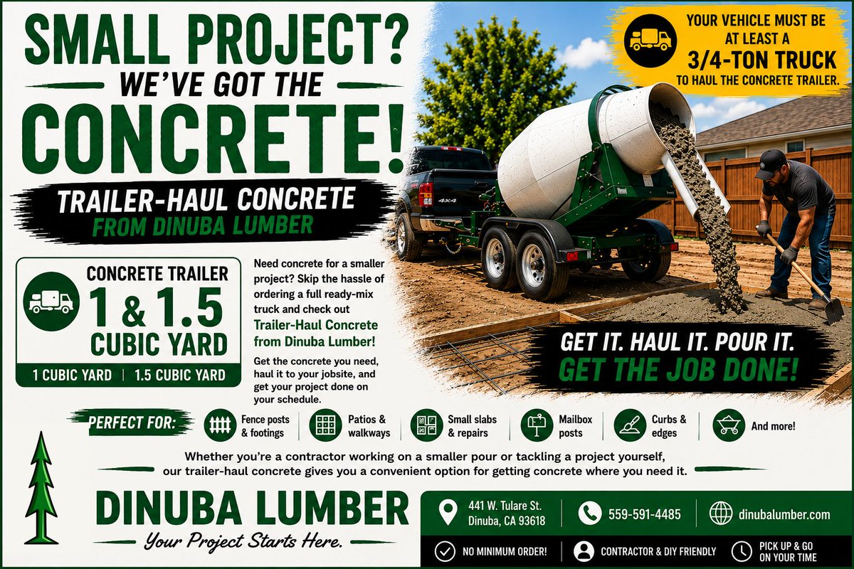 DinubaLumber's tweet photo. 🟢 **SMALL PROJECT? WE’VE GOT THE CONCRETE!**

Need concrete for a smaller project? Skip the hassle of ordering a full ready-mix truck and check out **Trailer-Haul Concrete from Dinuba Lumber!**

🚛 **CONCRETE TRAILERS AVAILABLE:**
• **1 Cubic... https://t.co/BUrQTuFFAI

**Your https://t.co/kDul4y1dw6