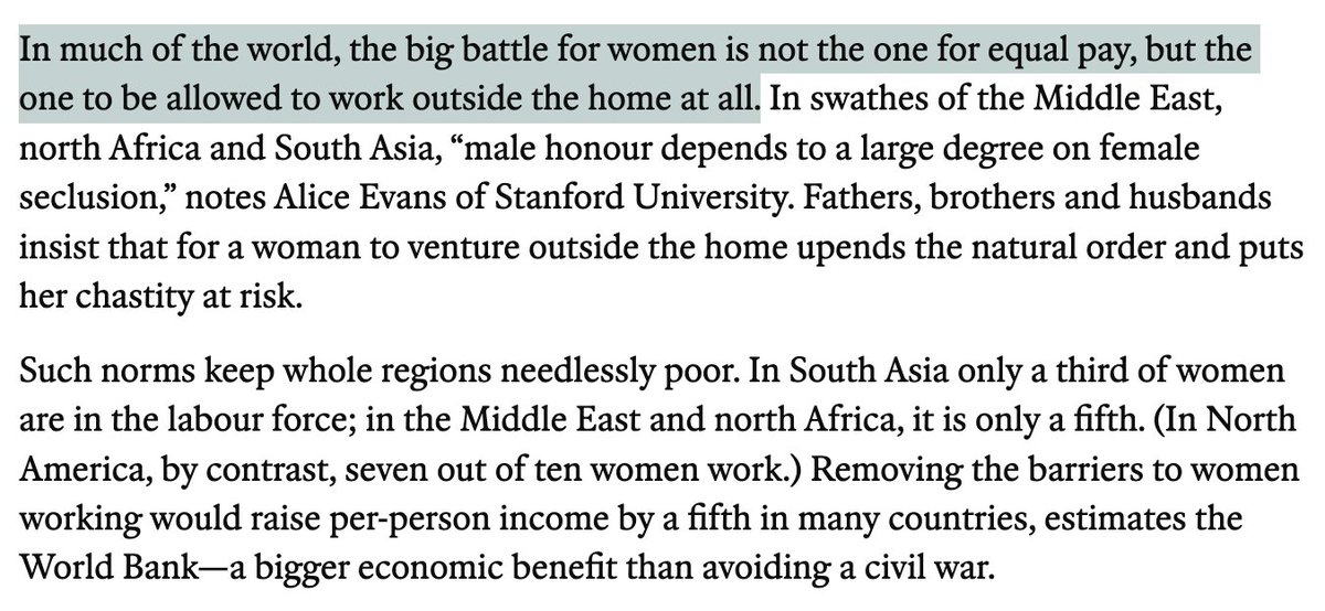 _alice_evans's tweet photo. "In much of the world, the big battle for women is not the one for equal pay, but the one to be allowed to work outside the home at all"

Thank you to @TheEconomist for highlighting my research on female seclusion. https://t.co/cYq4QyyO6J