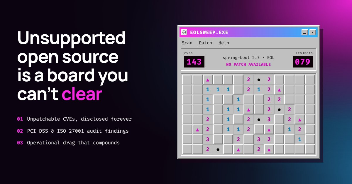 herodevs's tweet photo. 143 CVEs. 79 projects. One end-of-life release.

Spring Boot 2.7's last open-source version still carries every one of them, and no patch is coming.

#SpringBoot #OpenSource #AppSec #EOL https://t.co/qHl5cv8yR9