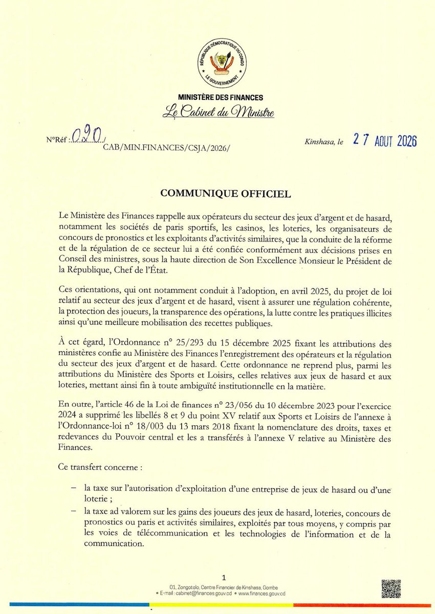 KankuSipamba's tweet photo. JEUX D’ARGENT ET DE HASARD : CAP SUR UNE RÉGULATION COHÉRENTE ET UNE MEILLEURE MOBILISATION DES RECETTES

Sous les orientations du Président de la République, Félix-Antoine Tshisekedi Tshilombo, le Ministre des Finances, Doudou Fwamba @LikundeR Li-Botayi, poursuit la réforme et l’assainissement du secteur des jeux d’argent et de hasard.

Le Ministère des Finances rappelle que l’enregistrement des opérateurs, la régulation de leurs activités ainsi que la perception des droits, taxes et redevances liés à ce secteur relèvent de sa compétence, conformément aux textes légaux et réglementaires en vigueur.

Les opérateurs sont appelés à traiter exclusivement avec les services légalement habilités et à signaler toute demande de paiement ou mission de contrôle irrégulière. La DGRAD est chargée de veiller au strict respect de ces dispositions.

Une action qui renforce la transparence, sécurise les opérateurs et protège les recettes du Trésor public. Avec Doudou Fwamba, l’autorité de l’État et la rigueur dans la gestion des finances publiques restent au cœur de l’action.