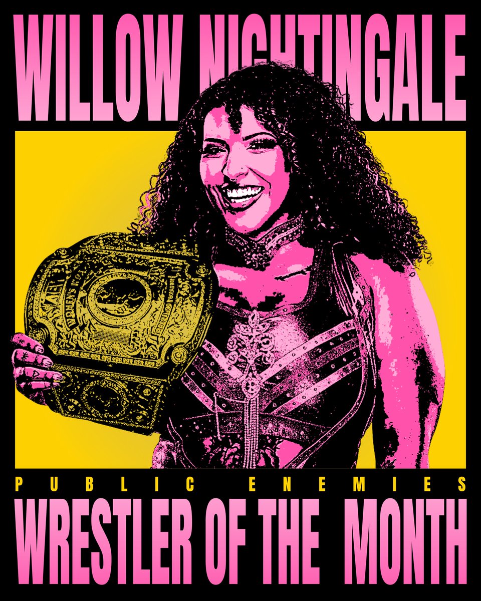PublicEnemiesHQ's tweet photo. 🚨 Jon Moxley &amp; Willow Nightingale have been named the August 2026 Men’s and Women’s Wrestlers of the Month!

@JonMoxley 
@willowwrestles 
#AEW 

(Public Enemies Podcast)
Art Direction | @KUJOkev 🎨

#WOTM 🟨 https://t.co/y9tY6q1UtQ