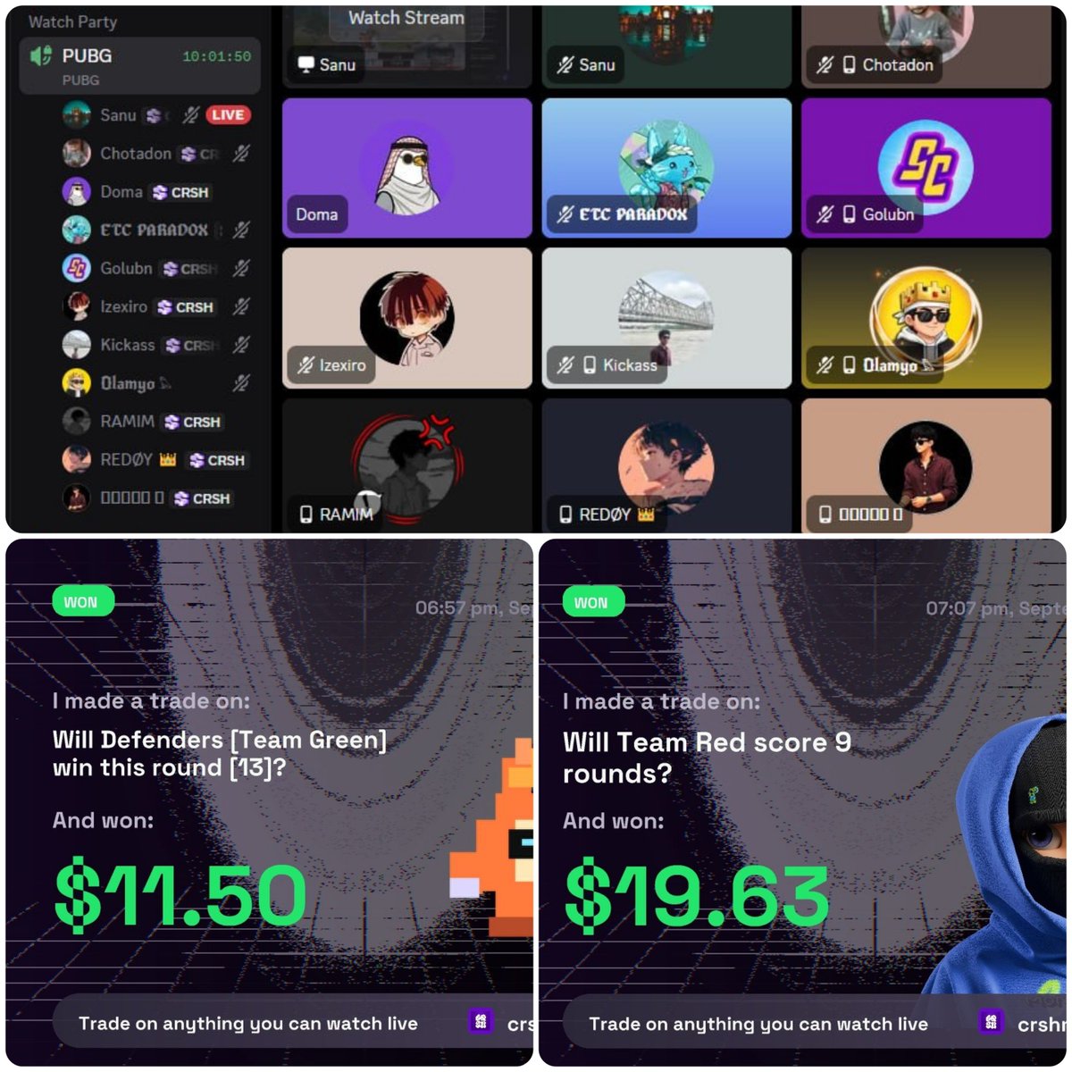 doma_207's tweet photo. Had a lot of fun today in the @crshmarket Discord with everyone! 🔥
Also traded together and made some profit 💰
#CRSHMarket #CRSH #gCrsh #60second #Predictions https://t.co/HOO5DMJAC7