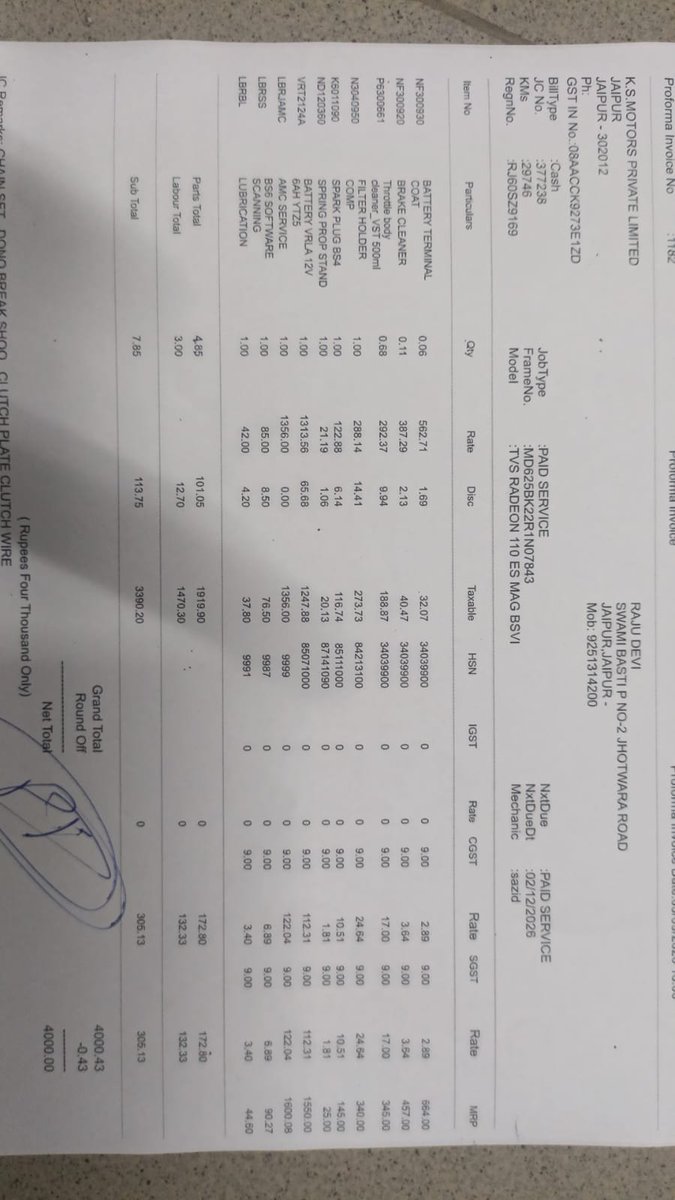 KunalNirwayv1f's tweet photo. @tvsmotorcompany 
 @TVS_Radeon Very bad service at K.S. Motors Jaipur 302012 (Rajasthan)
Job No 2971238 Bill No 1182 Date 02-09-2026
RJ60SZ9169 TVS Radeon - Magnet coil issue not fixed, charged Rs 4000 and demanding another Rs 4000. Request urgent help. #TVS #CustomerService https://t.co/5bSSW19xms