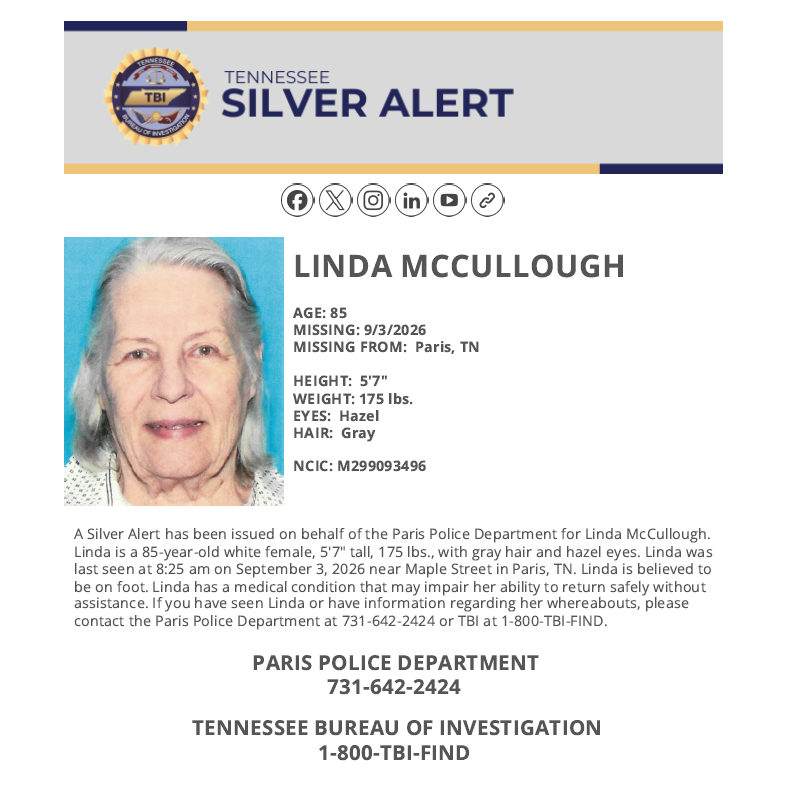 TBInvestigation's tweet photo. #TNSilverAlert Linda has a medical condition that may impair her ability to return safely without assistance.

Spot her? Call the Paris Police Department at 731-642-2424 or TBI at 1-800-TBI-FIND! https://t.co/BhBufSiiwh