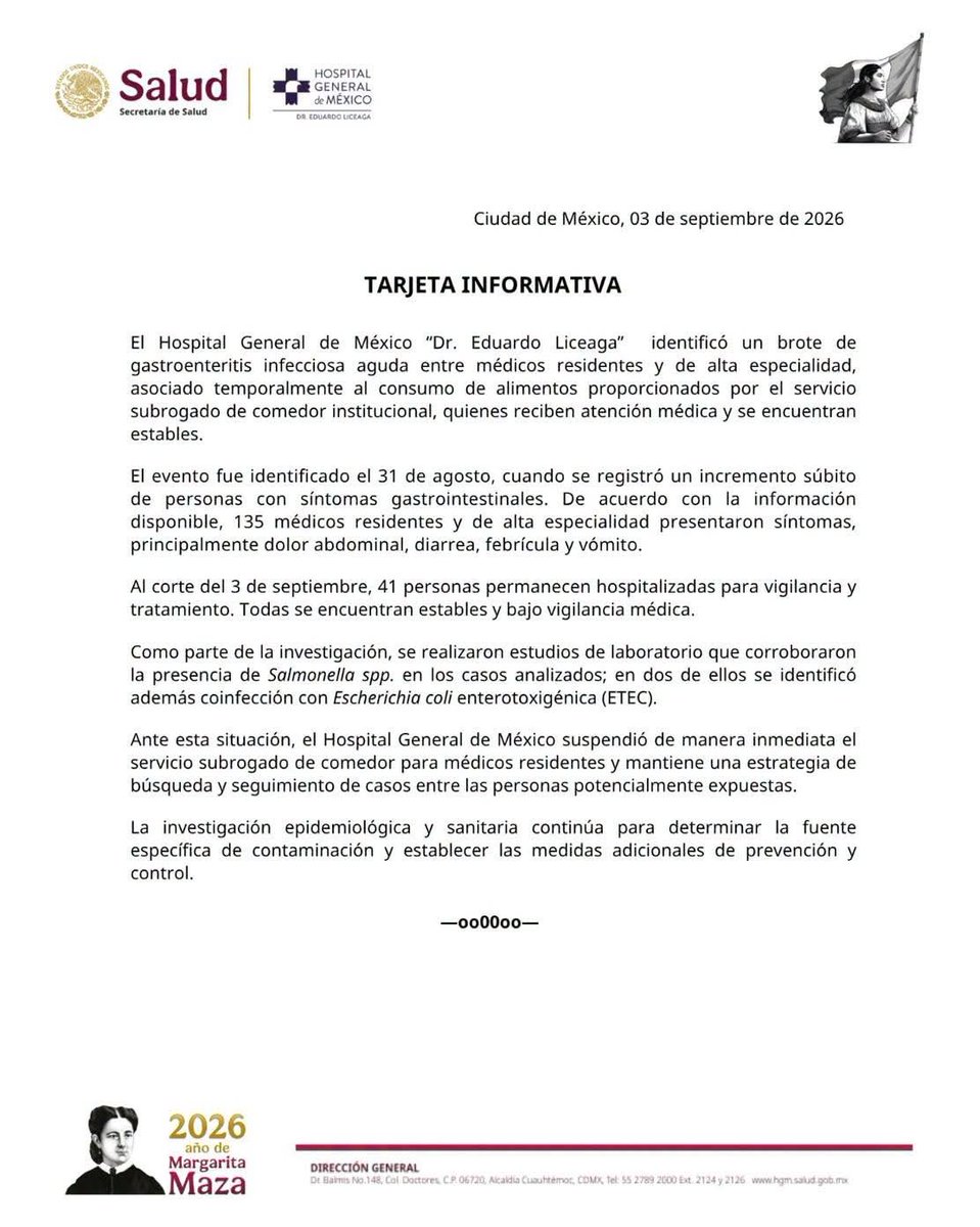 azucenau's tweet photo. 🔴El Hospital General de México identificó un brote de Salmonella entre médicos residentes y de alta especialidad, asociado al consumo de alimentos del comedor institucional.

La Secretaría de Salud informó que 135 personas presentaron síntomas y 41 permanecen hospitalizadas, todas estables.

El hospital suspendió el servicio del comedor y mantiene la investigación para determinar el origen de la contaminación.
