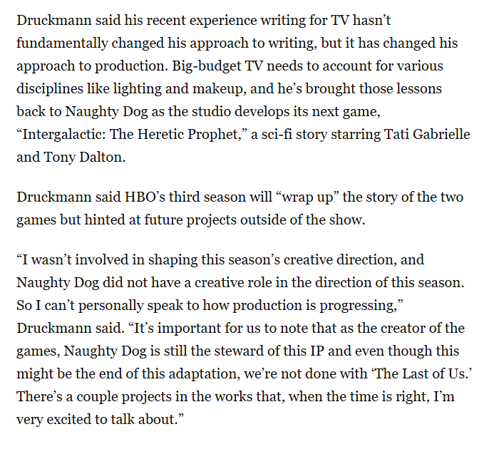 GenePark's tweet photo. Neil Druckmann has been focused on Intergalactic, and clarified to me that he and Naughty Dog are NOT involved in the creative direction of The Last of Us Season 3 on HBO. 

This is in my piece dissecting why games writing is different from other media.
 https://t.co/DiqnunJl6N https://t.co/Aviypgttnz