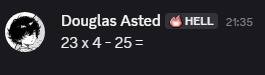 Brinous's tweet photo. D: "Vc vai ter 15 segundos pra resolver a conta q eu mandar no chat"
M: "Ai eu sou horrivel em matemática mas vamo lá"
*Douglas manda a conta no chat
*19 segundos se passam
M: "ah vei deu 17" https://t.co/oSfekpHwJU