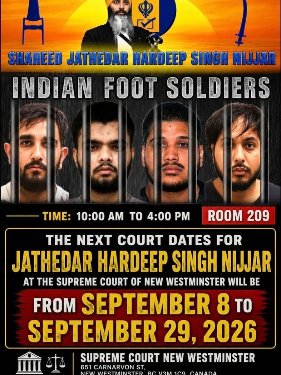 ZORA_DOABA_'s tweet photo. 🚨 Attention Sikh community in Vancouver, BC:

Join us on 08 Septembe To 29th Septembe 2026

10:00 AM  TO 4:00 PM at the courthouse for the court date of the Indian agents who assassinated Jathedar Hardeep Singh Nijjar.

Let’s stand together for justice.

SUPREME COURT NEW WESTMINSTER

651 CARNARVON ST, NEW WESTMINSTER, BC V3M 1C9, CANADA

More Info:- @Narinde29421937
Narinder Singh ☎️  604 724 0132 📞 

#Canada #RSS #MohanBhagwat #ATDigital #समाज_की_शत्रु_सत्यार्थप्रकाश