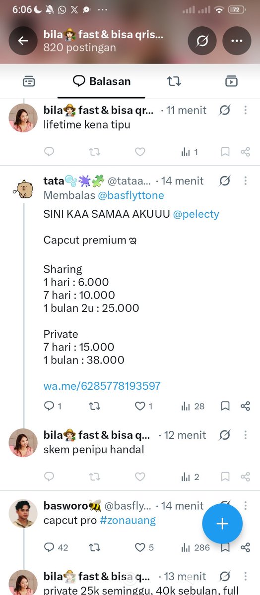 pelecty's tweet photo. Hati hati ia semuanya sama akun ini dia scam nih, aku bilang scam ga terima alhasil dia komen komen di postingan aku ☺️☺️☺️☝🏻☝🏻☝🏻

#zonauang #zonajajan #bealanja https://t.co/Byz4x4F2zU