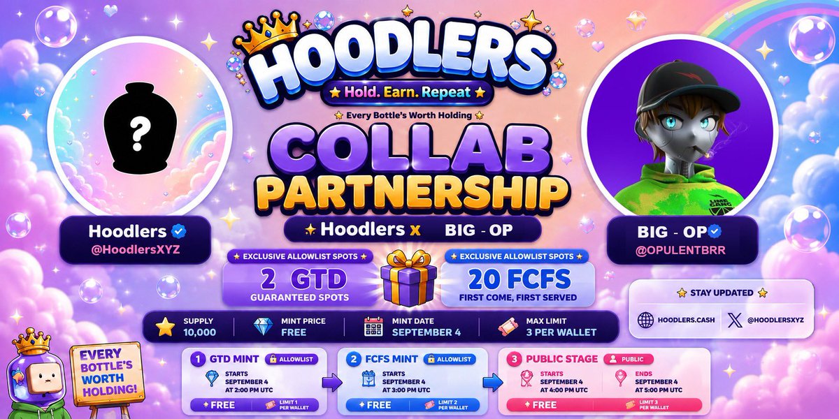 OPULENTBRR's tweet photo. Giving out spots for @HoodlersXYZ free mint coming up tomorrow 

2 GTD spots + 20 FCFS spots

Supply: 10k
Chain: Robin
Date: September 4

To enter:
Follow @HoodlersXYZ + me
Like &amp; repost
Drop your wallet below https://t.co/KpWqBmrR4e