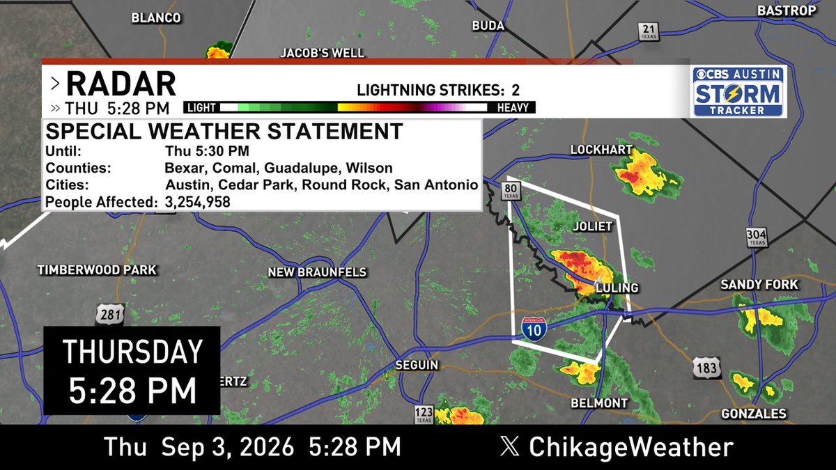 ChikageWeather's tweet photo. Strong storm near Luling at 5:28 pm Thursday has prompted a Special Weather Statement. Might see some wind gusts to 40 mph with a possible microburst + locally heavy rain. Storm nearly stationary. It'll rain itself out. #atx #atxwx #txwx #cbsaustinwx https://t.co/QP68J3oR8K