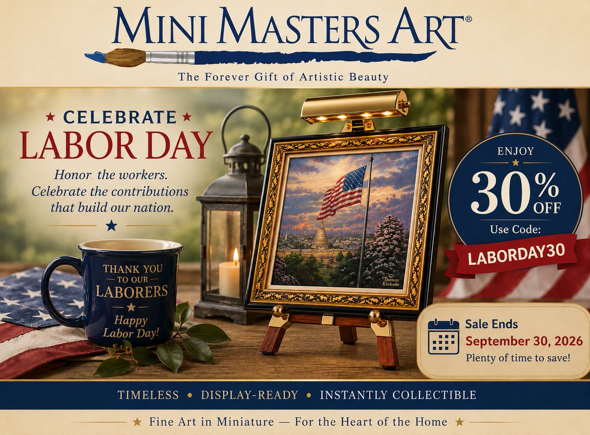 ShopminiArt's tweet photo. 𝐇𝐨𝐧𝐨𝐫𝐢𝐧𝐠 𝐭𝐡𝐞 𝐖𝐨𝐫𝐤𝐞𝐫𝐬 𝐖𝐡𝐨 𝐇𝐞𝐥𝐩 𝐁𝐮𝐢𝐥𝐝 𝐎𝐮𝐫 𝐍𝐚𝐭𝐢𝐨𝐧

This Labor Day, we celebrate the dedication, skill, and hard work of generations of Americans whose contributions have helped shape our communities and our country.

In celebration of Labor Day, Mini Masters Art is offering 30% OFF + FREE SHIPPING through September 30.

Discover beautifully presented miniature art ensembles featuring works by celebrated artists — thoughtfully designed for display, collecting, and gift-giving.

Use Code: LABORDAY30

Shop and save:
https://t.co/O3swFue3RF

Wishing you and your family a safe, relaxing, and meaningful Labor Day.

Mini Masters Art
Beautifully Displayed. Thoughtfully Gifted. Treasured Forever.  #LaborDay