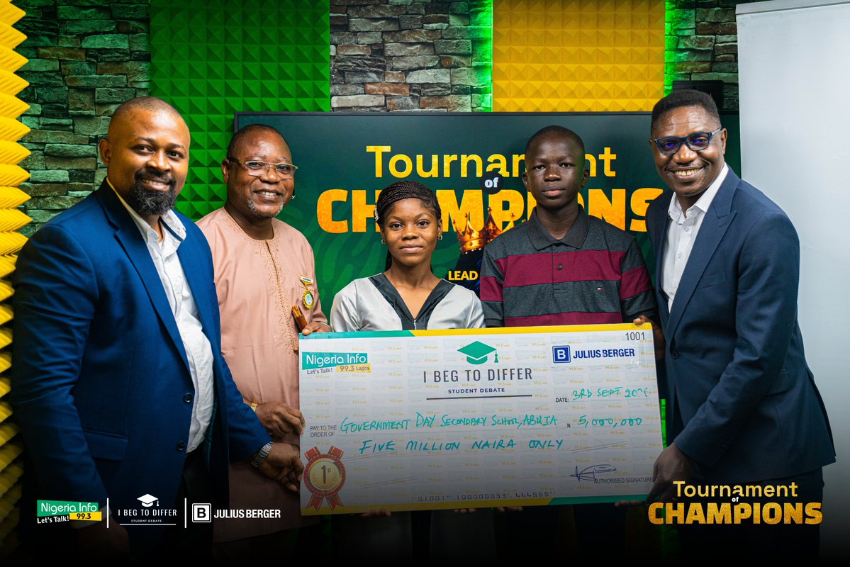 NigeriainfoFM's tweet photo. 👑 MEET THE TOP THREE OF I BEG TO DIFFER SEASON 9 TOURNAMENT OF CHAMPIONS.

🥇 Government Day Secondary School, Karu, Abuja

Champions — ₦5,000,000 💰

🥈 Square College, Lagos

Runners-up — ₦2,500,000 💰

🥉 Fountain School, Abuja

Third Place — ₦1,000,000 💰

Thank you to our sponsors who made this season possible thank you. 🙏🏾

Julius Berger Nigeria
@Wakanowdotcom
@OBIWEZY
@cardcentre_ng 

Who gave you your favourite debate of the tournament? 👇🏾

#NigeriaInfoIBTD #IBegToDiffer #TournamentOfChampions