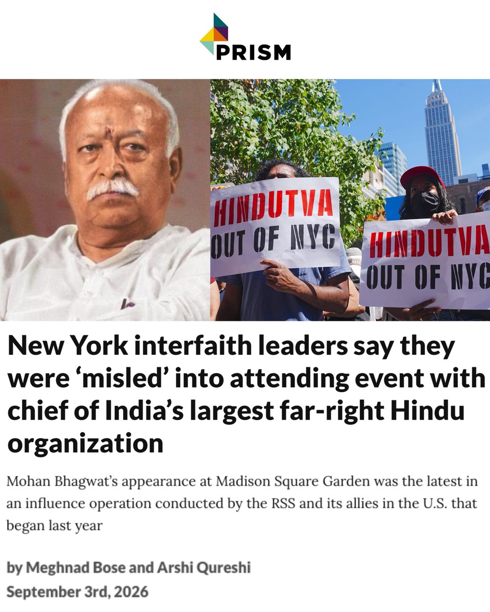 MeghnadBose93's tweet photo. 🚨NEW INVESTIGATION: RSS chief Mohan Bhagwat’s event at Madison Square Garden last week was just the tip of the iceberg of a much larger influence operation in the U.S. that India’s largest Hindu far-right group has run over the past year and a half.

The manner in which the influence operation has been conducted includes factually incorrect statements to federal authorities and apparent violations of foreign influence laws, and now new details show how multiple religious leaders were invited to Bhagwat’s events in NYC without being told that he would be there.

Despite the RSS terminating their lobbying contract in December 2025 following an investigation by @BiplobKumarDas and me for Prism, the Hindu far-right group has clearly continued its U.S. influence operation in ways that continue to be questionable.

Additionally, we report new findings about a five-day RSS training camp in India designed for members of the diaspora to spread the organization’s agenda. The camp, held in December 2025, had more than 170 registrants from the U.S., including board members of Hindu right-wing organizations that claim to not be affiliated with the RSS and its Sangh Parivar.

The RSS's American influence operation and the players involved, decoded - reporting with @ArshiiQureshi and edited by @rashmee_kumar, for @prismreports.

READ: https://t.co/xGBa9bxuQN