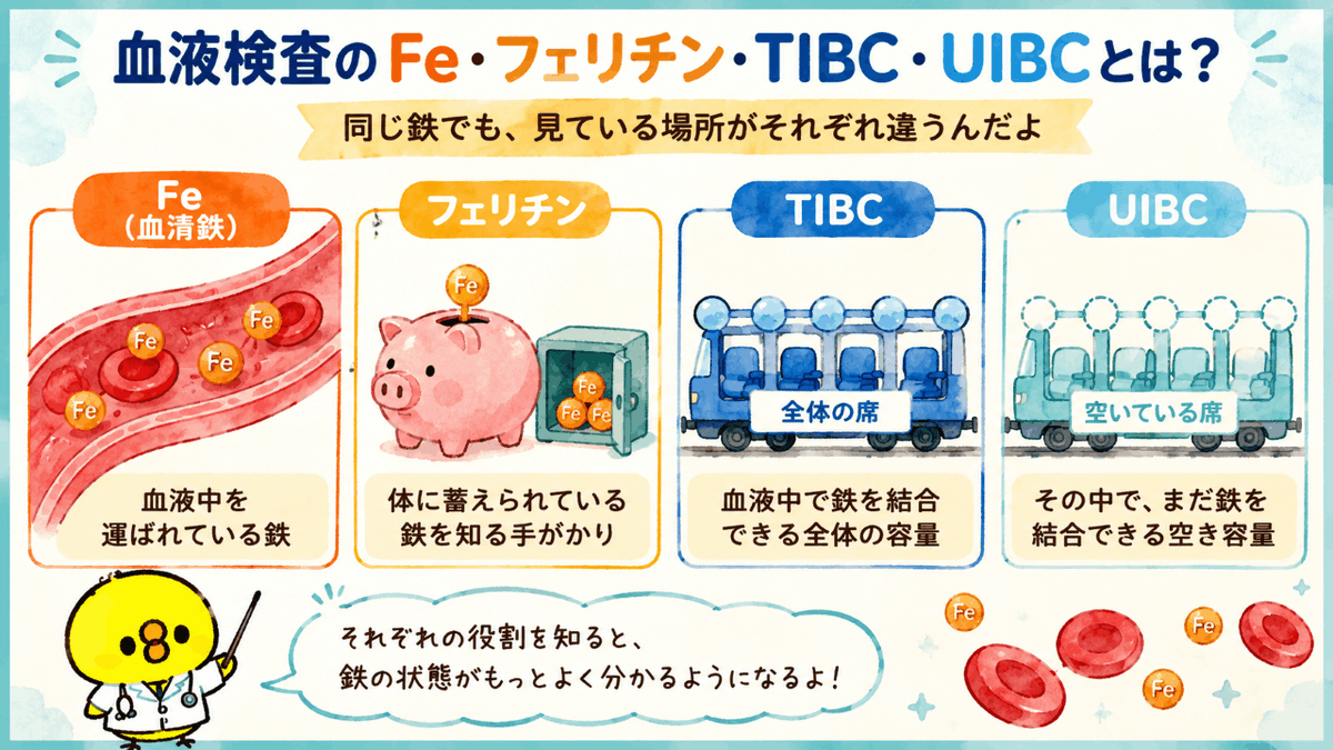 kensa_pisuke's tweet photo. 【同じ「鉄の検査」でも、見ているものは全部違う】

血液検査のFe・フェリチン・TIBC・UIBCは、どれも鉄に関係する検査なんだ。

でも、

Fe＝血液中を運ばれている鉄
フェリチン＝体に蓄えている鉄
TIBC＝鉄を結合できる全体の容量
UIBC＝まだ鉄を結合できる空き容量

を見ているよ。

4つの役割を知ると、鉄の状態がかなり分かりやすくなるよ。