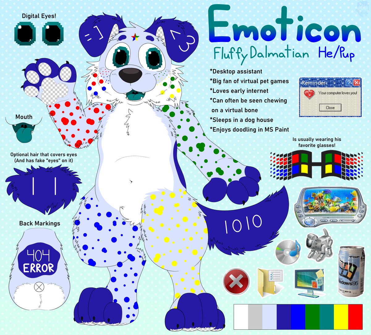 AndrewSealBab's tweet photo. Meet Emoticon the Windows dalmatian! He was designed by my friend PUZZL3PUNK on Toyhouse! #furry #furryart #furries #furryfandom #webcore #kidcore #refsheet https://t.co/Flzl2iqG48
