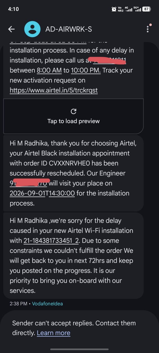 420Jana's tweet photo. @airtelindia I paid ₹1,500 for a new connection, but the order was cancelled due to feasibility issues in my area. Still no refund! Taking payment was instant, so why the delay in returning my money? Please refund ₹1,500 immediately. #AirtelIndia @Airtel_Presence @airtelnews https://t.co/UP2j3X73Ef