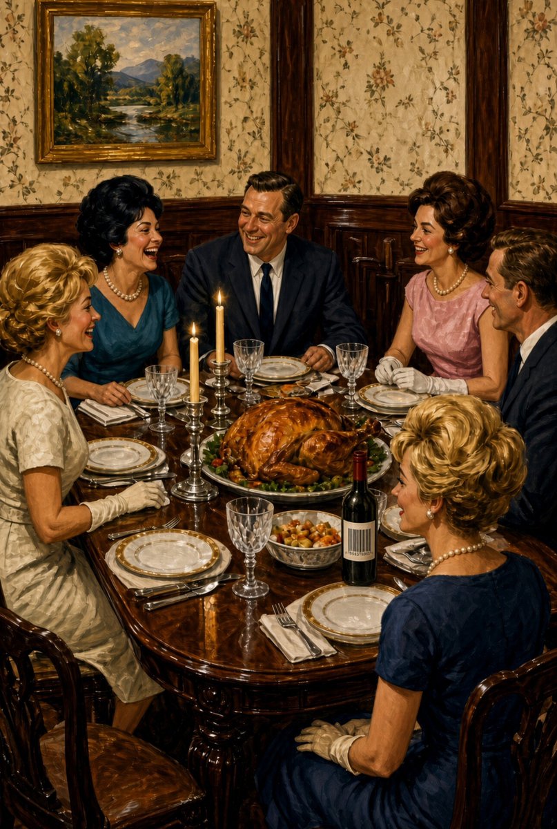 WydRomanX's tweet photo. This dinner looks straight out of 1951.

But something in this scene doesn’t belong. Can you spot it? https://t.co/7D5Q4VtsGT