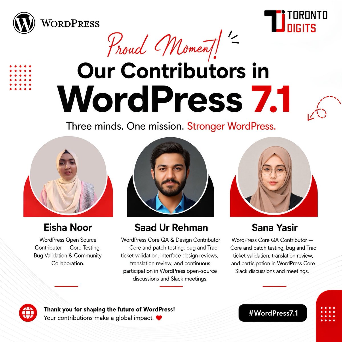 Software_abi's tweet photo. @WordPress 7.1 is out! 🚀

Millions will use it, and 5 of ~800 global contributors are from @TorontoDigits. ❤️

Proud moment for our team — and just the beginning.

From building with WordPress to helping build WordPress. 🌍

#WordPress #WordPress71 #TorontoDigits https://t.co/MJPSaLU8aH