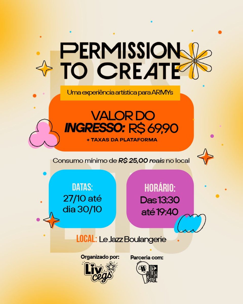 BTSProjectBR's tweet photo. ✨ PERMISSION TO CREATE ✨

O LivCegs (@jikoocollect) te convida para viver uma experiência diferente com a gente. 💜

De 27 a 30 de outubro, vamos reunir armys em São Paulo para alguns dias de criatividade, cerâmica, café e, claro, muita música. 🎨☕️🎶

Um momento para desacelerar, criar, fazer novas amizades e desfrutar de um bom café. 

Você escolhe sua cerâmica, coloca a criatividade em prática, aproveita a sessão e, no final, leva sua criação para casa junto de boas memórias!

E ainda teremos brindes garantidos em todos os ingressos, além de sorteios especiais durante o evento. 👀

📍 São Paulo - Le Jazz Boulangerie

📅 27 a 30 de outubro

🎟️ Ingressos à venda a partir de 15/09

Esse é só o começo.

Salve a data, compartilhe com sua amiga ARMY e vem criar com a gente. 💜

Apoio: @BTSProjectBR
