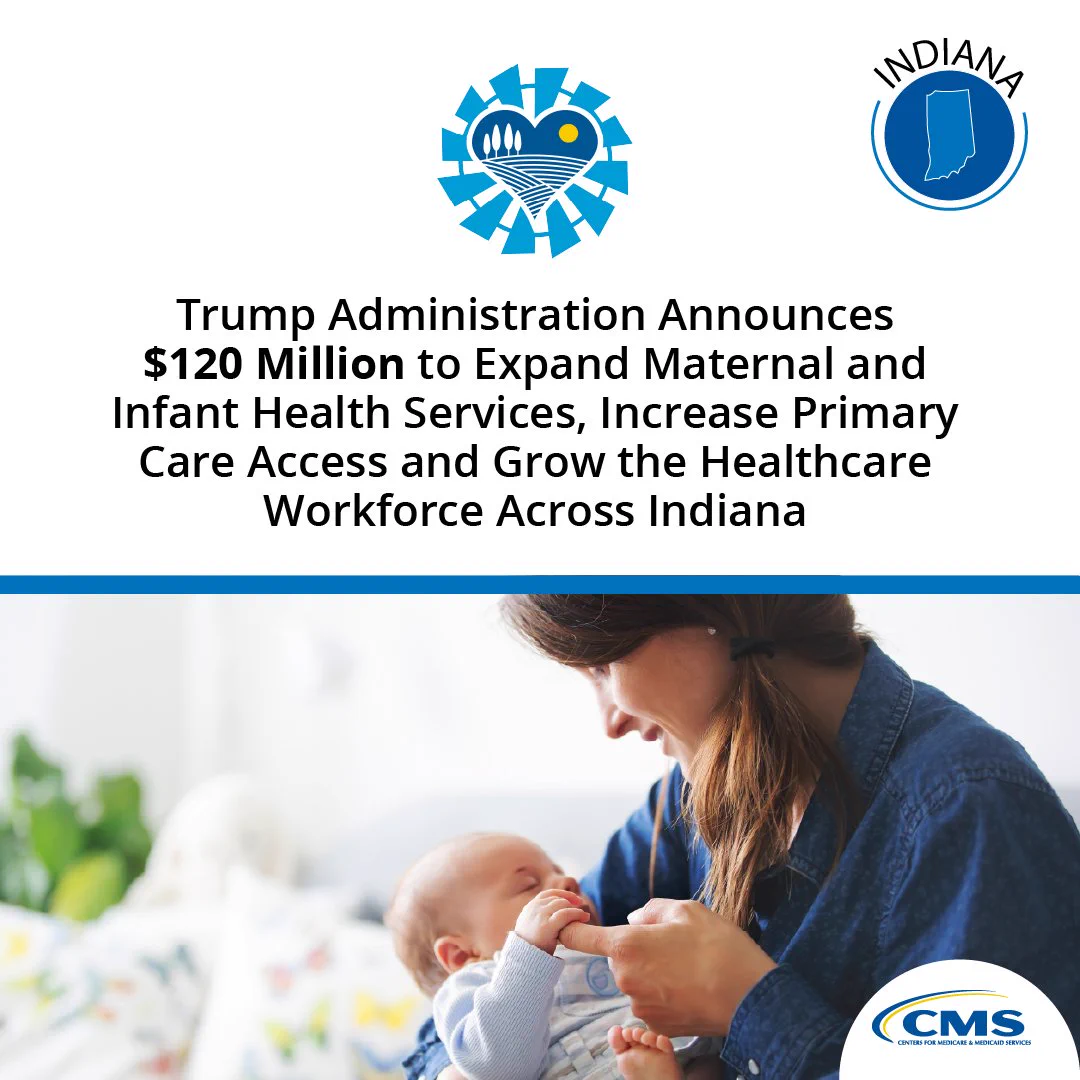 The image features an announcement from the Trump Administration about a $120 million investment to expand maternal and infant health services, increase primary care access, and enhance the healthcare workforce across Indiana. A person is holding a baby in the background. The CMS (Centers for Medicare & Medicaid Services) logo is present.