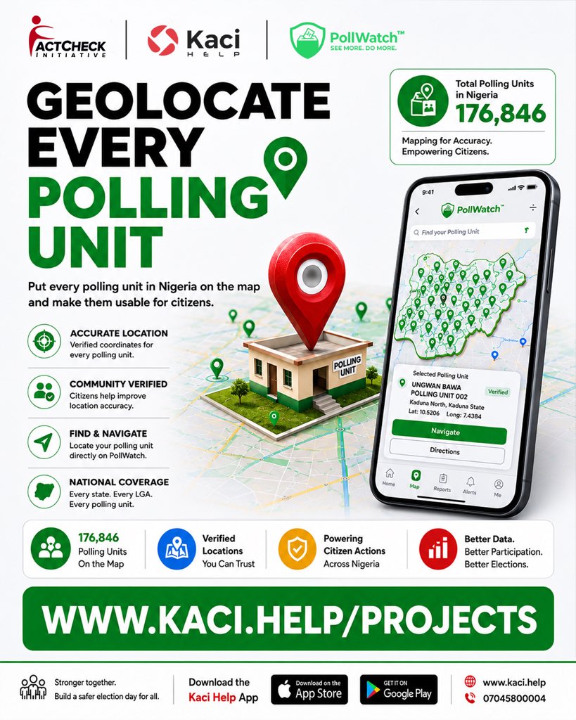 PollWatchHQ's tweet photo. What if every polling unit in Nigeria could be accurately mapped, verified, and made easier for citizens to find and navigate?

Together, we can put every polling unit on the map and build better data for better participation.

🔗 https://t.co/ylba0rnWNn

#KaciHelp #PollWatch https://t.co/Kpt1fcme5e