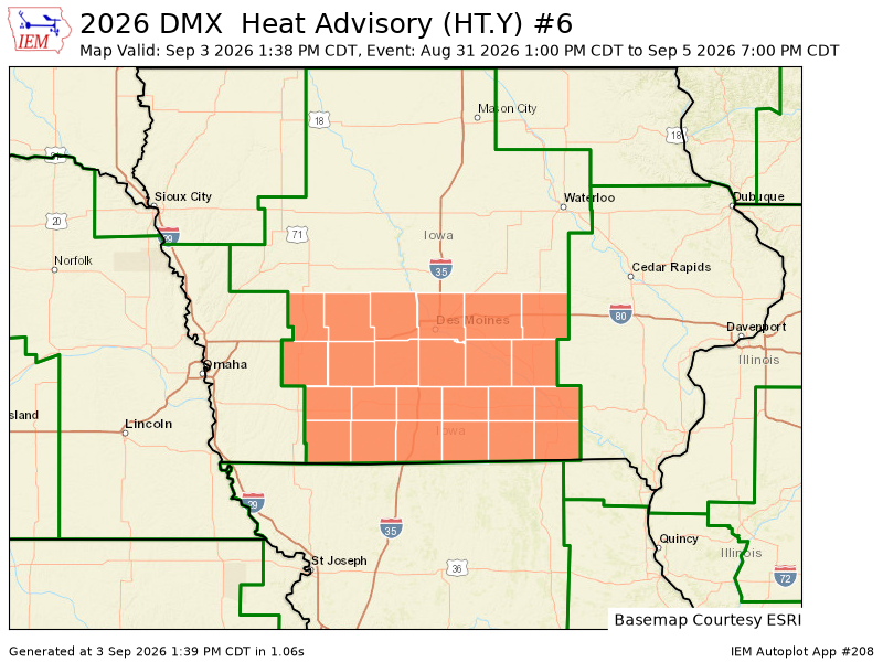 chaserbrandonWX's tweet photo. DMX updates Heat Advisory (extends time and expands area to include 7 zones, extends time of 24 zones) https://t.co/bu7mM3ktMo https://t.co/jh3MFzRtye