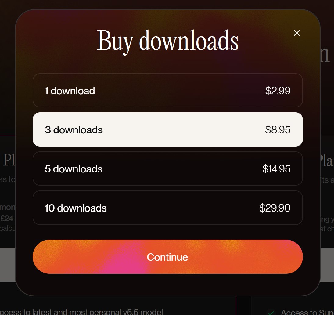 laughduck's tweet photo. #suno download pricing is live.  1 download 2.99,  10 for 29.90.  Thats the end of my subscription. Ridiculous.  @suno. https://t.co/g3C1aAfGvF