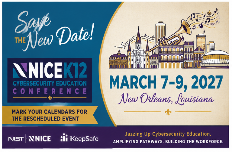 iKeepSafe's tweet photo. New dates. Same mission. One incredible community.

Join us in New Orleans March 7–9, 2027, for the NICE K12 Cybersecurity Education Conference!

Save the date &amp; watch for more details: 

https://t.co/FrkdZlQ97B
#NICEK12 #CybersecurityEducation https://t.co/vbV2Vux3Ci