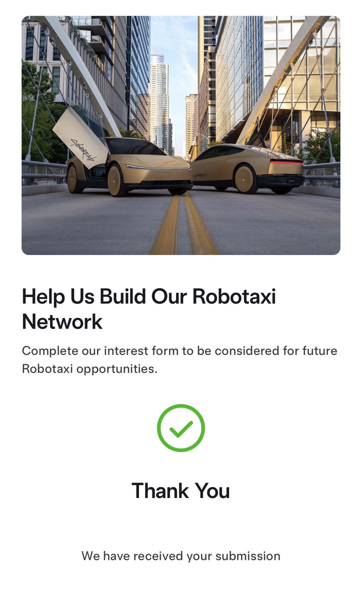Teslaconomics's tweet photo. I just filled out Tesla’s Robotaxi interest form to buy them.

I selected Cybercab fleet vehicle purchasing and told the Tesla team exactly what I plan to do…

Own a fleet of 25+ Tesla Robotaxis and document the entire journey publicly on 𝕏.

June 22, 2025, I was in Austin as one of the first people in the world Tesla invited to ride Robotaxi.

Now I’m back in Austin again today… this time to see the Cybercab launch and experience it firsthand.

And while I’m here, I just submitted a form to one day own my own fleet.

That’s the next chapter for me personally. 

And if Tesla gives me the opportunity, I’m documenting everything right here on 𝕏.

The first Cybercab, the 10th, the 25th, what they cost, what they make, what works, what doesn’t.

I’m not going to hide anything. 

I’ve spent years talking about this future on 𝕏. 

Now I want to build it in public.

I’m ready when Elon and the Tesla team let me. 

Tesla Robotaxi interest form:
https://t.co/JfudaNOyT0