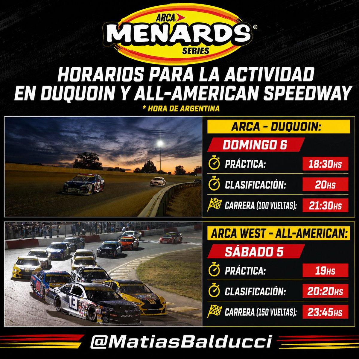 MatiasBalducci's tweet photo. #ARCA horarios de Argentina para DuQuoin y All-American Speedway
Será la 17° fecha del año para ARCA Menards Series, y segunda en un óvalo de tierra, con 25 inscriptos
Por el lado de #ARCAWest, ronda 9 del campeonato con 17 inscriptos
💻 DuQuoin: FS1
💻 All-American: FloRacing https://t.co/uWz28iosMm