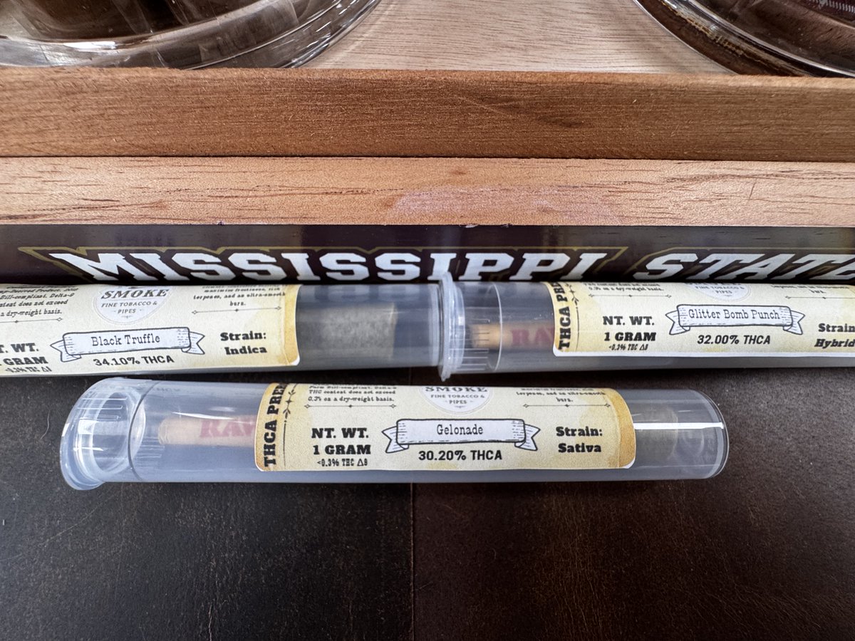 39759Smoke's tweet photo. Pre-Rolls are FINALLY IN! 
✨ Glitter Bomb 💣— Sativa
🍋 Gelonade 🥤 — Hybrid
🖤 Black Truffle 🍄‍— Indica
Researching a specific strain can help you learn more about its possible characteristics and effects.

#StarkvilleSmoke #StarkvilleMS #THCA #CBD #HempEducation https://t.co/1fa17MUBgN
