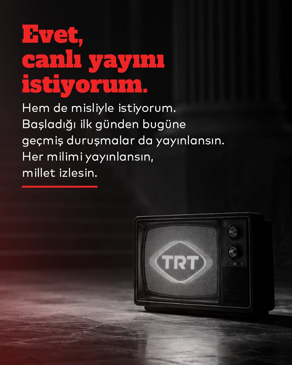 ekrem_imamoglu's tweet photo. Evet, canlı yayını istiyorum.

Hem de misliyle istiyorum. Başladığı ilk günden bugüne geçmiş duruşmalar da yayınlansın.

Her milimi yayınlansın, millet izlesin. https://t.co/5p3PlUPJOi