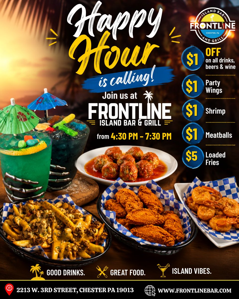 FrontlineBar's tweet photo. Happy Hour is calling! 

Your after-work plans just got a whole lot better.

🕓 Happy Hour | 4:30 PM – 7:30 PM
🍺 $1 OFF on drinks, beers &amp; wine
🍗 $1 Party Wings
🍤 $1 Shrimp
🥩 $1 Meatballs
🍟 $5 Loaded Fries
🌐 https://t.co/wDcHMpRvhS

#HappyHour #FrontlineIslandBar #ChesterPA https://t.co/meVwbCiT8p