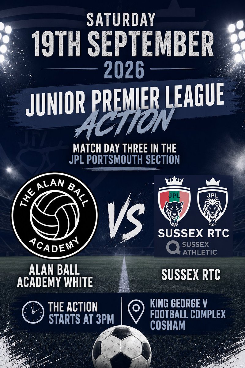 ELYSpitfires's tweet photo. 📅 Saturday 19th September 2026
🏆 Junior Premier League

The Alan Ball Academy are back in action this weekend when they face Sussex RTC in Week 3 of the JPL Portsmouth section.

#jpl #juniorpremierleague #alanballacademy https://t.co/KaUatpagcB