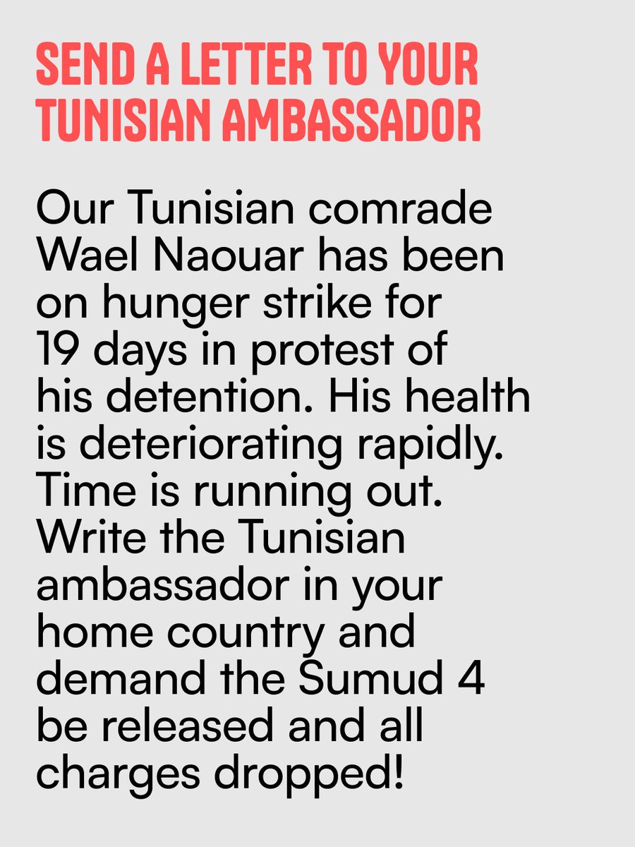mnjaavar2's tweet photo. @gbsumudflotilla This isn't justice. 13 days until the court rules on another 6-month detention. Wael Naouar isn't stopping his hunger strike, day ~19 now. Health is failing. Don't stay silent. Demand your Tunisian ambassador act. Pressure works. #FreeTheSumud4 https://t.co/jpWCqiU1JJ