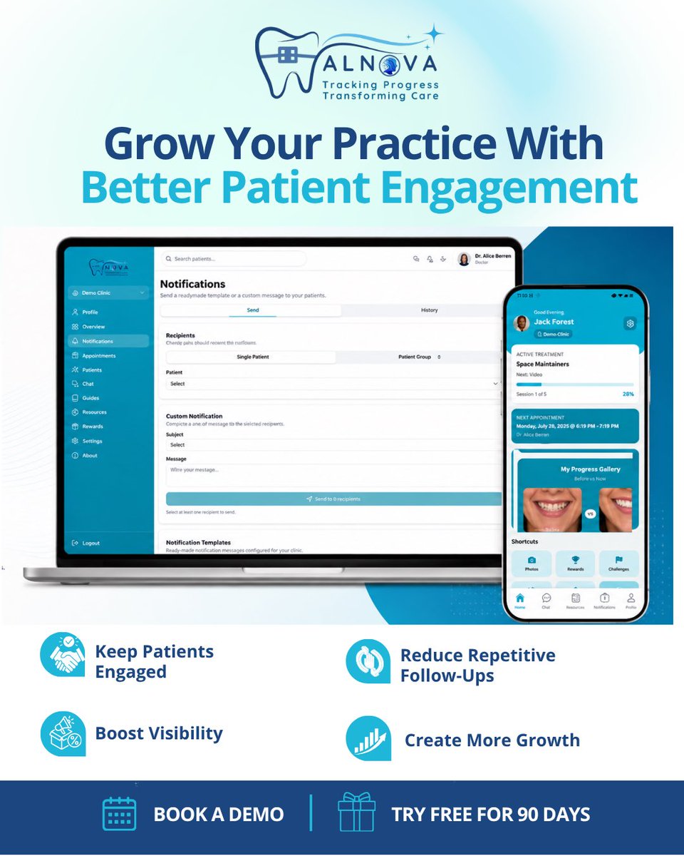 AlnovaDental's tweet photo. Calling all orthodontic &amp; dental practices.

Want to grow without adding more busywork?

Alnova AI helps keep patients engaged between visits, reduce repetitive follow-ups, and create more room for growth.

Try it FREE for 90 days.

#AlnovaAI #Orthodontics #PracticeGrowth https://t.co/aYcrADdtpR