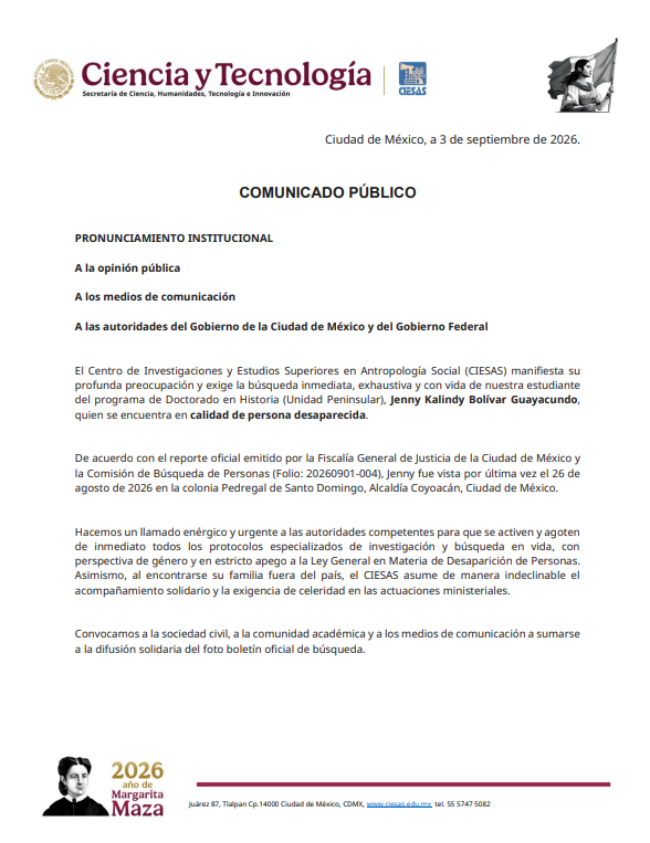 ciesas's tweet photo. Comunicado Público 📢 | Información sobre Jenny Kalindy Bolívar Guayacundo, estudiante del programa de Doctorado en Historia (@ciesaspeninsula), quien se encuentra en calidad de persona desaparecida. https://t.co/MSkCuOwm3u
