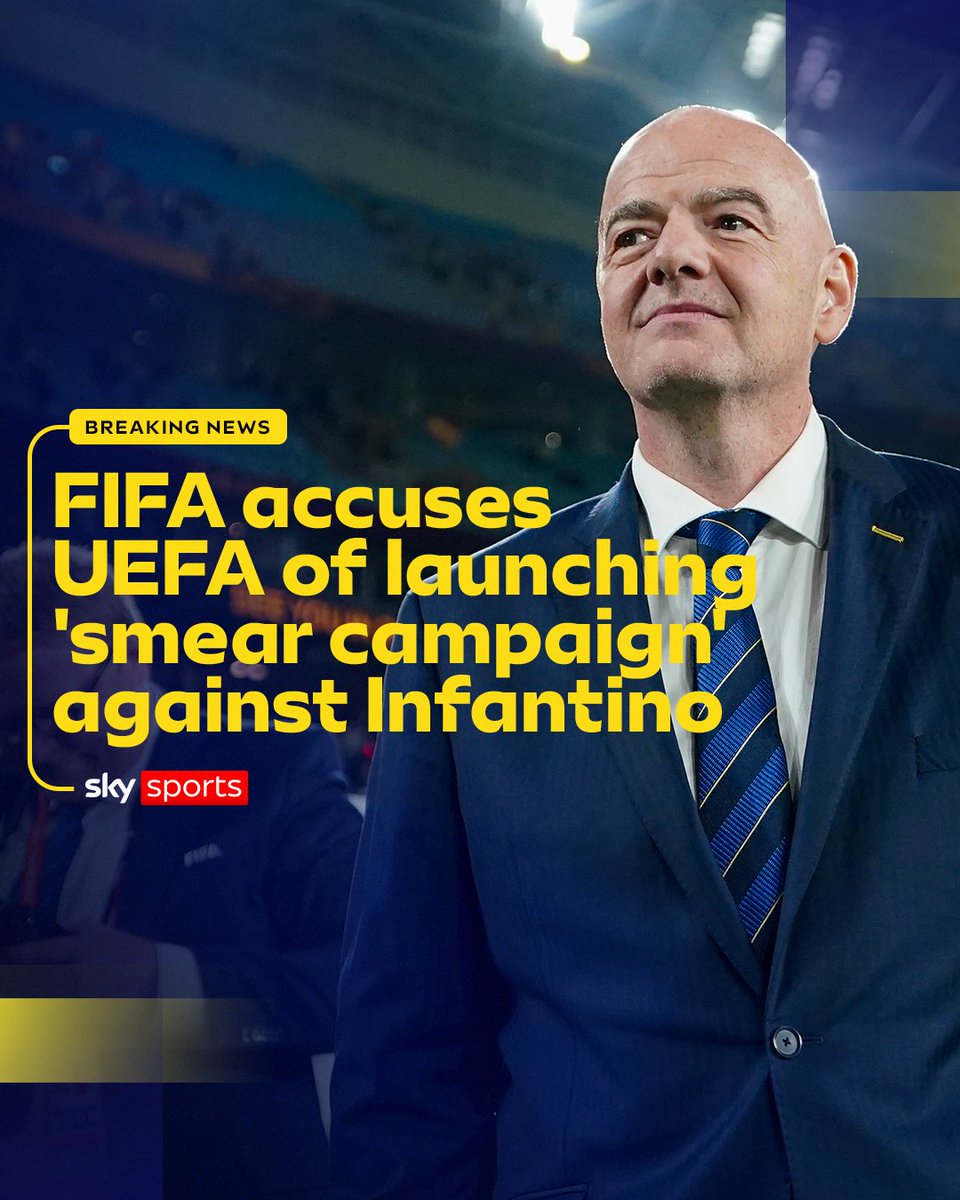 SkySportsNews's tweet photo. FIFA has accused European football’s governing body of launching a “smear campaign” against Gianni Infantino in a challenge to legal action over the aborted attempt to sell part of the World Cup to private investors 🚨 https://t.co/FcNcukGlfz