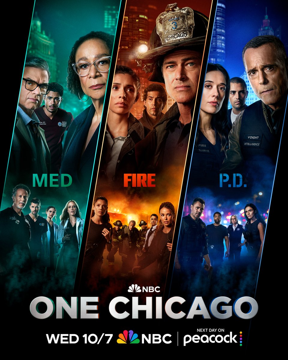 NBCOneChicago's tweet photo. The heroes of Chicago return. One Chicago premieres October 7 on @NBC and next day on Peacock https://t.co/HYg17LJVbc