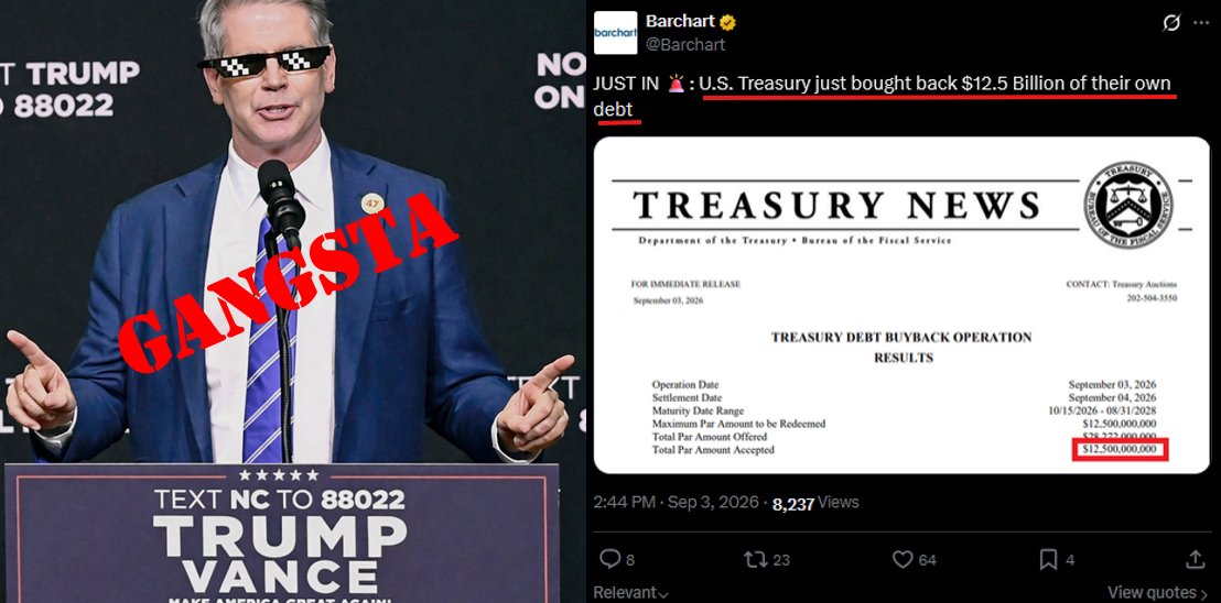 TheDebriefing17's tweet photo. 🚨BOOM BOOM BOOM This morning Treasury created $1.4 trillion in mandatory bond buyers. This afternoon Treasury bought back $12.5 billion in bonds. 

The Government Just Played Both Sides of Its Own Market

Let me make this really simple.

The U.S. government owes $35 trillion. That debt exists as bonds IOUs the government sold to people, banks, and countries. The government pays interest on all of it. The more it costs to borrow, the more interest it pays. The more interest it pays, the more debt it takes on to pay the interest. It's a treadmill.

The only way to slow the treadmill down is to make borrowing cheaper. And the only way to make borrowing cheaper is to make more people want to buy the bonds. Basic supply and demand. More buyers means the government can offer lower interest rates because people are competing to lend it money.

Today  September 3, 2026 two things happened.

This morning, twenty-one of the world's biggest banks announced they're creating a new digital dollar. Goldman Sachs. Bank of America. Citi. Deutsche Bank. UBS. Wells Fargo. Fidelity. Twenty-one banks. The rules say every digital dollar they issue has to be backed by a real U.S. Treasury bond. One for one. Issue a digital dollar, buy a government bond.

Not because they want to hold bonds. Because the licensing rules require it. Estimates say this could create $1.4 trillion in new bond purchases by 2027.

This afternoon, the Treasury Department bought back $12.5 billion of its own bonds off the open market. Just took them out of circulation.

More buyers in the morning. Fewer bonds in the afternoon. Same Treasury. Same day.

When more people want to buy something and there's less of it available, the price goes up. When the price of a bond goes up, the interest rate goes down. When the interest rate goes down, the government pays less to borrow.

The government just made its own debt cheaper to carry. In one day. Using two moves.

But this isn't happening in isolation. This is one piece of something much bigger that's been building all year.

Treasury published the stablecoin licensing framework the GENIUS Act  requiring every issuer to hold Treasury bond reserves and submit to anti-money-laundering and sanctions screening. Treasury's FinCEN and OFAC co-authored the compliance rules. Treasury's OCC is chartering the banks that will operate inside the system. Treasury doubled its bond buyback program to manage the yield curve. Treasury launched the largest sanctions package in history against Iran and declared at the G20 that the financial architecture would end the regime. Treasury is building the quantum-computing shield that protects the financial system from next-generation cyberattacks. Treasury is pulling foreign-produced equipment out of the American electrical grid under a national emergency order.

The Fed Chair stood at Jackson Hole four days ago and said the Fed's job is to set one interest rate. He blamed his own institution for 65 months of elevated inflation. He spoke for three minutes at the G20 while the Treasury Secretary ran the room for five. Jamie Dimon CEO of the largest bank in America was at the G20 for the first time in history and publicly credited Treasury for giving the private sector a seat at the table.

The Federal Reserve used to create demand for Treasury bonds by printing money and buying them. They called it quantitative easing. The Fed's balance sheet went from $900 billion to $9 trillion.

Treasury doesn't need that anymore. Treasury wrote rules that make private banks buy bonds with real money. Treasury manages the existing supply through buybacks. Treasury controls who gets a license, who gets a charter, who gets access to American consumers, and which countries get a reciprocal arrangement that lets their financial institutions participate.

The stablecoin is one piece. The buybacks are one piece. The sanctions are one piece. The bank charters, the compliance rules, the quantum defense, the grid security, the bilateral trade deals, the 65 billion barrel oil deal with Venezuela they're all pieces.

One institution is building all of them. One Secretary is announcing all of them. And one Fed Chair is sitting alongside saying it's a privilege to be there.

$35 trillion doesn't disappear. But when the same institution controls the demand for its debt, the supply of its debt, the licensing of the banks that hold its debt, the compliance rules those banks follow, the sanctions that determine who can access the system, and the physical and digital infrastructure the system runs on  that institution controls the cost of carrying that debt.

That institution is the Treasury Department. And today it played both sides of its own market before the sun went down.

Timelines. Patterns. The general's words, not mine. All I did was read the receipts. 

I am the guy on the couch, and you have been debriefed.

@CouchGuy17 @Homeranger17 @drawandstrike @JosieGrama @AwakenedOutlaw