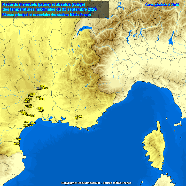meteociel's tweet photo. Aujourd'hui avant même la vigilance, une trentaine de #records mensuels de septembre ont été battus dans le  sud. On peut noter dans les stations les plus anciennes :
- 36.9°C à #Perpignan (ancien 36.8°C le 01/09/1936)
- 35.3°C à #Sète (ancien 34.2°C le 18/09/1978) https://t.co/BqJsDHLoo1