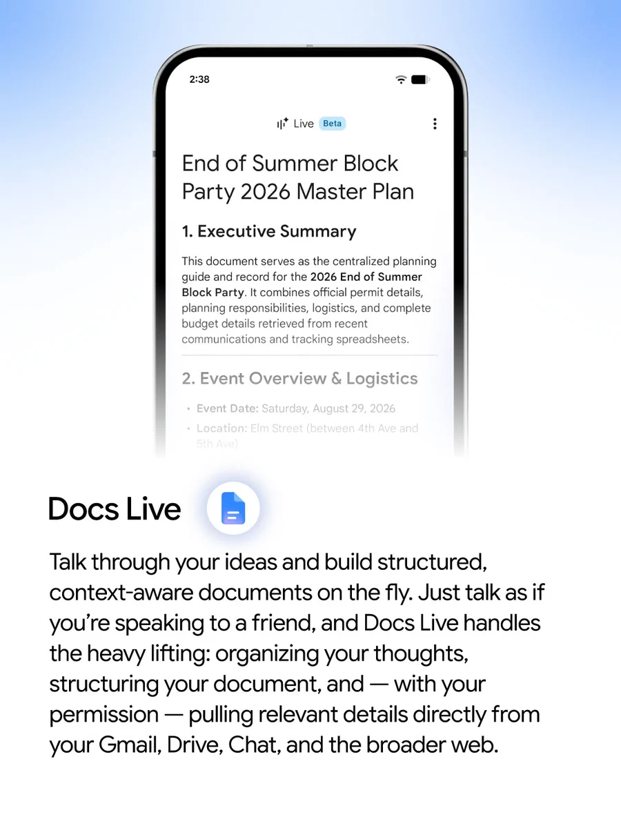 A promotional graphic for "Docs Live" featuring a smartphone displaying a document titled "End of Summer Block Party 2026 Master Plan" with sections for an executive summary and logistics. Text below the phone explains that Docs Live allows users to create structured, context-aware documents by speaking, pulling relevant details from Gmail, Drive, Chat, and the web.