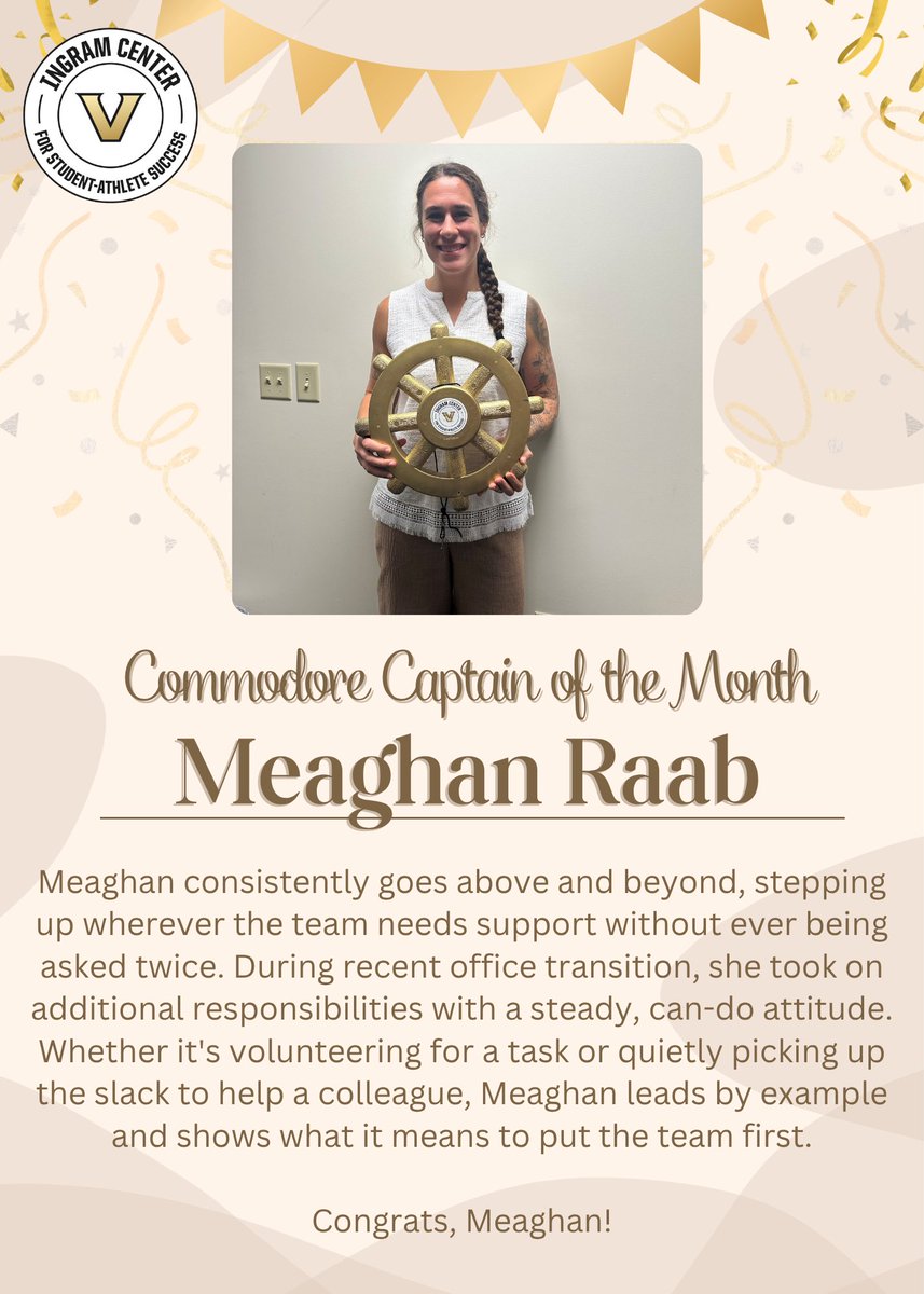 VandySuccess's tweet photo. Congratulations, Meaghan! 

Meaghan consistently goes above and beyond, stepping up wherever the team needs her. During our recent office transition, she took on added responsibilities with a positive, can-do attitude.

#AnchorDown https://t.co/Y5F40gOCaN