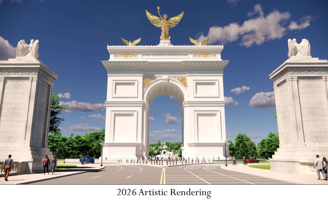 SecretaryBurgum's tweet photo. We are pleased to announce that after a very long wait (over 125 years!), we are preparing to start, over the next two-week period, the excavation work necessary for the Great Triumphal Arch and Military Observation Deck, at Memorial Circle on Columbia Island between the Lincoln Memorial and Arlington National Cemetery. This will be one of the Great Pieces of American Architecture, honoring the history and significance of Arlington Cemetery and befitting the most powerful Capital in the World.