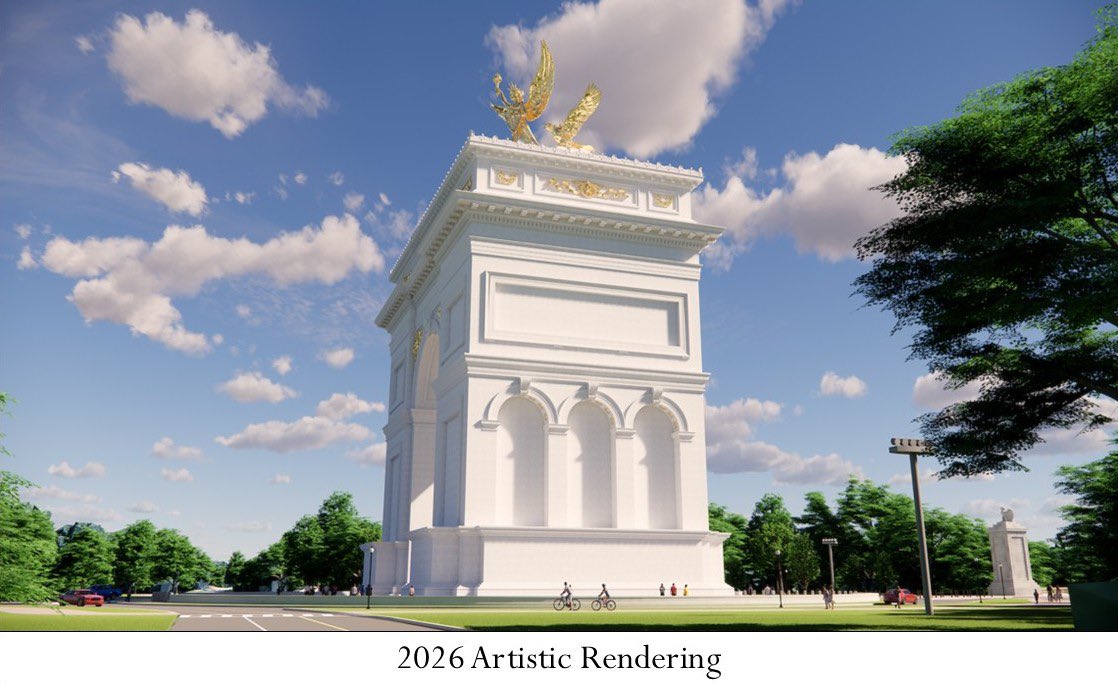 SecretaryBurgum's tweet photo. We are pleased to announce that after a very long wait (over 125 years!), we are preparing to start, over the next two-week period, the excavation work necessary for the Great Triumphal Arch and Military Observation Deck, at Memorial Circle on Columbia Island between the Lincoln Memorial and Arlington National Cemetery. This will be one of the Great Pieces of American Architecture, honoring the history and significance of Arlington Cemetery and befitting the most powerful Capital in the World.