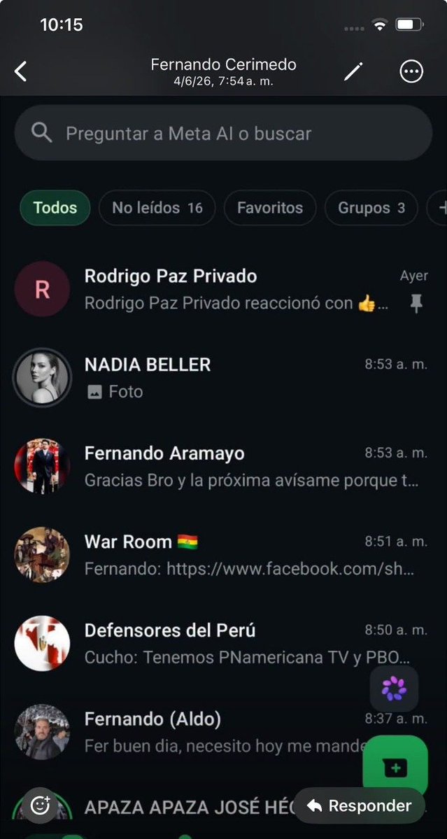 JulianMaciasT's tweet photo. En las capturas publicadas por Nadia Beller no solo demuestra las comunicaciones de Cerimedo con Rodrigo Paz y todos sus ministros sino que también aparece en el grupo Defensores del Perú que es la iniciativa de Keiko Fujimori presentada por ella misma. https://t.co/PDO96kUxfc
