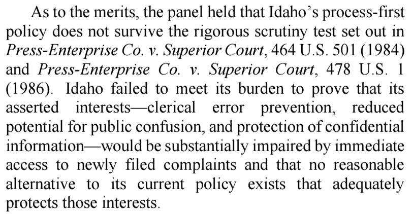 jimmy_esq's tweet photo. Today, the Ninth Circuit held that making the public wait "a few minutes to a few days" to see court filings is unconst'l.  Under CA9's test, does the Supreme Court's own efiling process, under which cert. petitions are not publicly docketed for days, likewise violate the Const.? https://t.co/eUMRfskbVW