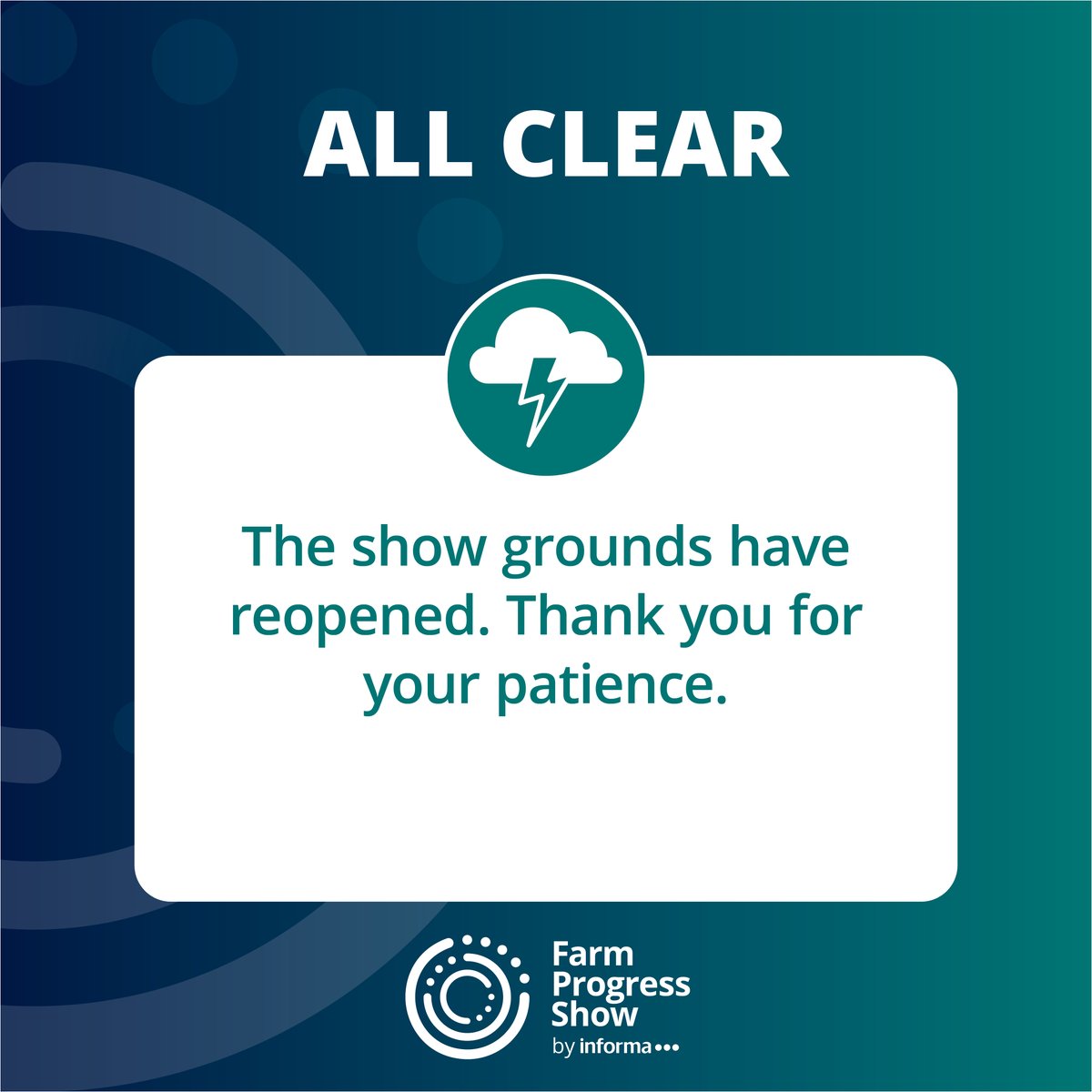 FPShow's tweet photo. ALL CLEAR! The show grounds have reopened. Thank you for your patience. https://t.co/JBbeRnQ0KR